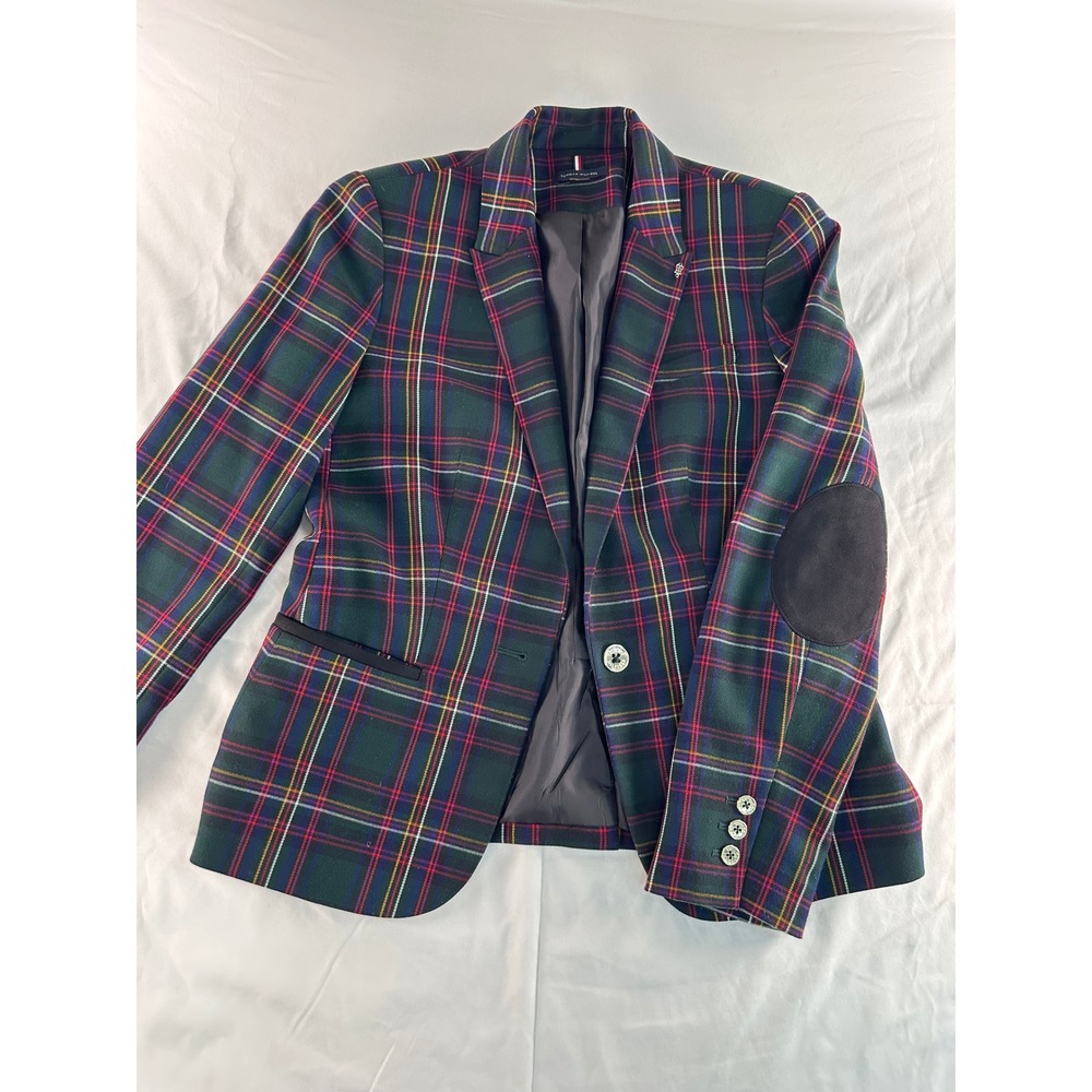 Tommy Hilfiger Womens Green Red Plaid Blazer Elbow Patches Preppy Jacket